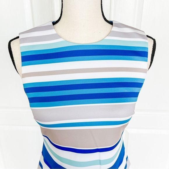 Calvin Klein NWT Size 2 Blue Turquoise Grey White Striped Dress Hemmed Petite - Picture 3 of 15